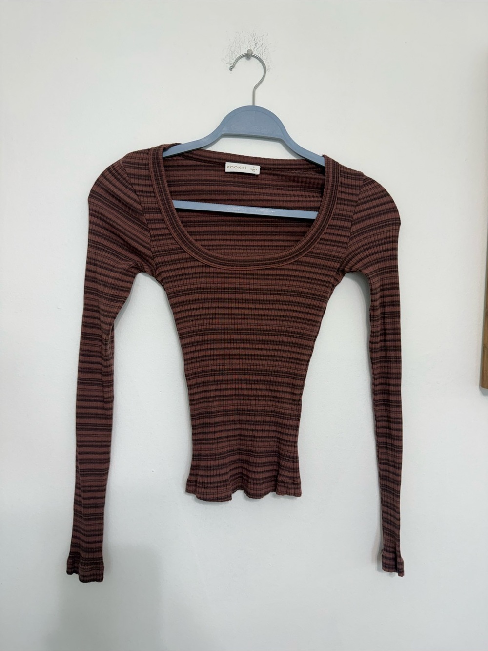 Kookai Brown & Black Striped Ribbed Long Sleeve Scoop Neck Top